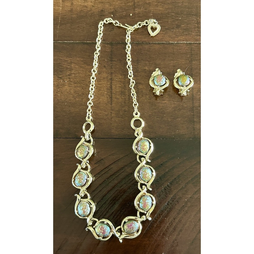 Vintage Gold Tone Iridescent Glass Choker‎ Necklace & Earrings Set Cabochon